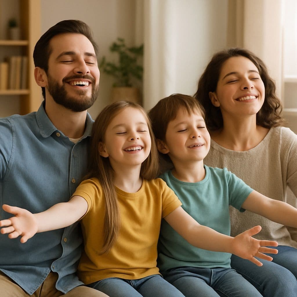 Happy family enjoying fresh indoor air after regular air con cleaning, supporting cleaner airflow, improved comfort, and better indoor air quality at home.