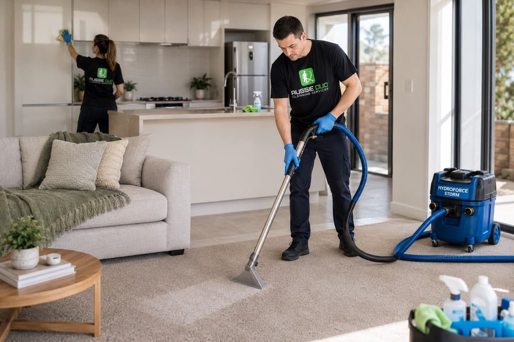 Benefits of hiring professional cleaning services in ACT showing carpet steam cleaning, eco-friendly cleaning products, and detailed house cleaning by Aussie Duo Cleaning Service.
