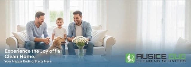 Happy family relaxing in a bright, clean living room after professional home cleaning