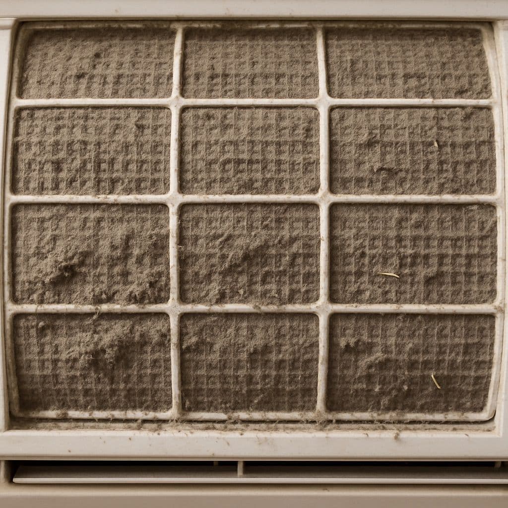 Dirty air conditioner filter showing heavy dust buildup, highlighting the importance of regular air con cleaning for improved airflow, efficiency, and indoor air quality.