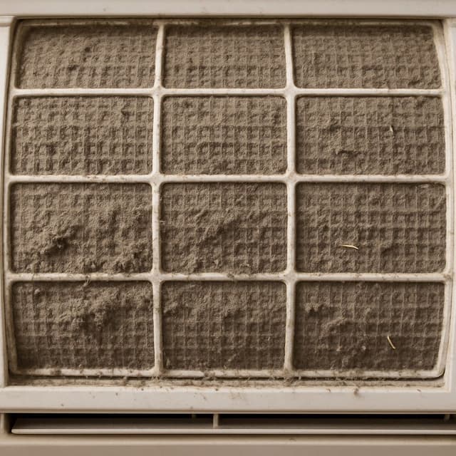 Dirty air conditioner filter showing heavy dust buildup, highlighting the importance of regular air con cleaning for improved airflow, efficiency, and indoor air quality.