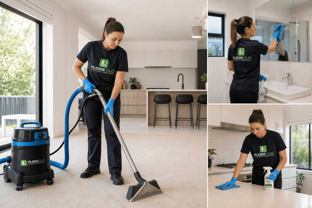 Professional end of lease cleaning in ACT by Aussie Duo Cleaning Service showing carpet steam cleaning, bathroom cleaning, and kitchen surface cleaning in a modern rental property.