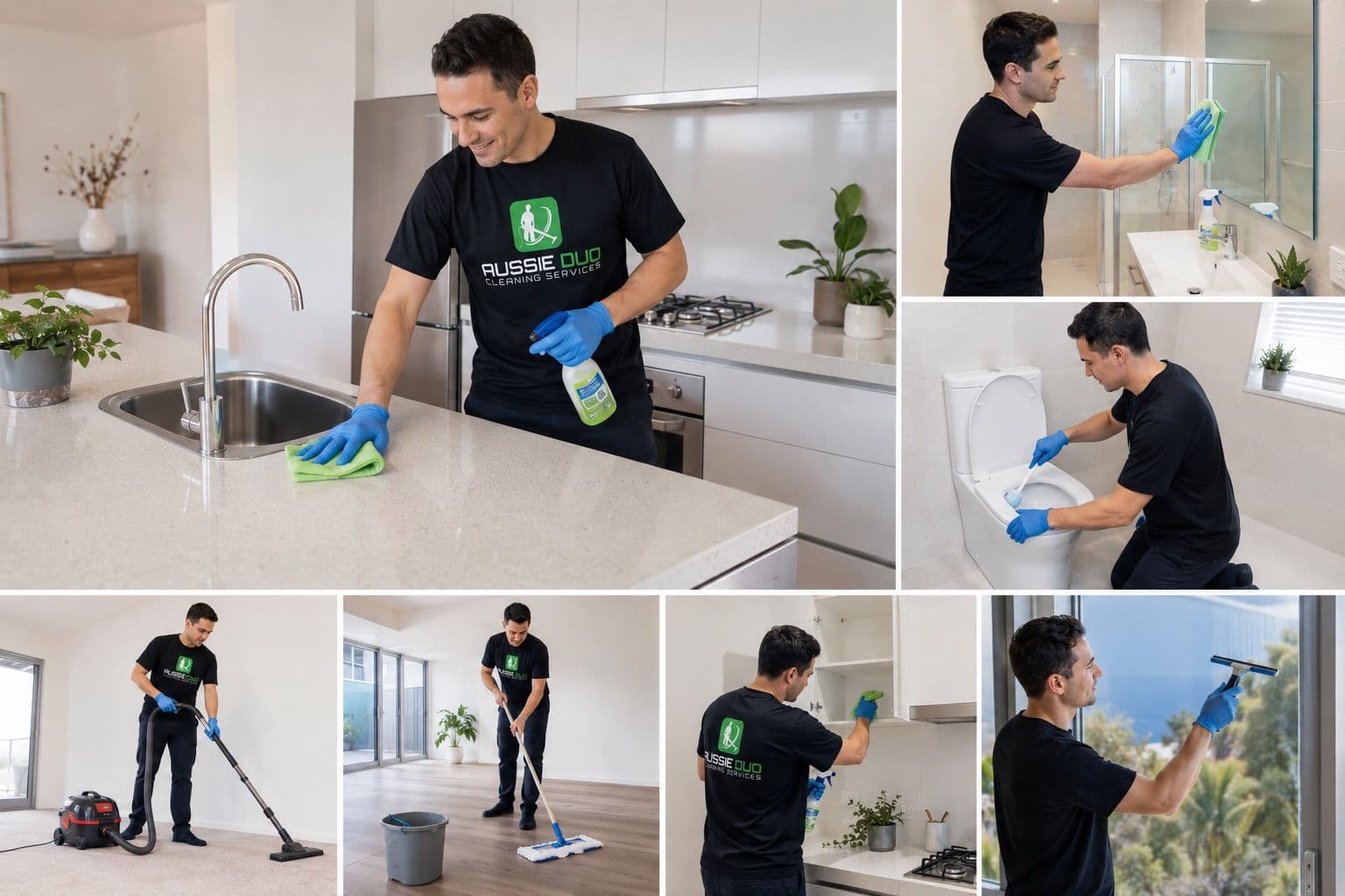 Professional end of lease cleaning ACT services showing kitchen cleaning, bathroom sanitising, vacuuming, mopping floors, cabinet cleaning, and window cleaning by Aussie Duo Cleaning Service.