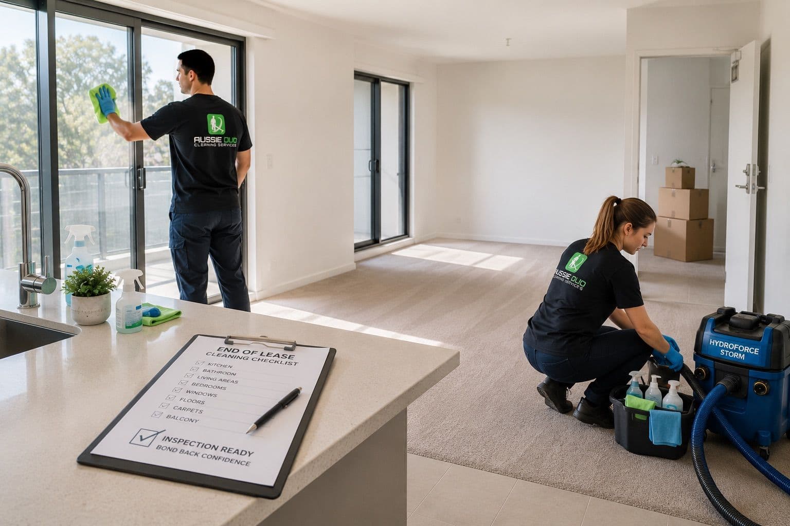 Professional end of lease cleaning in ACT showing inspection-ready rental property, carpet steam cleaning equipment, window cleaning, and bond cleaning checklist by Aussie Duo Cleaning Service.