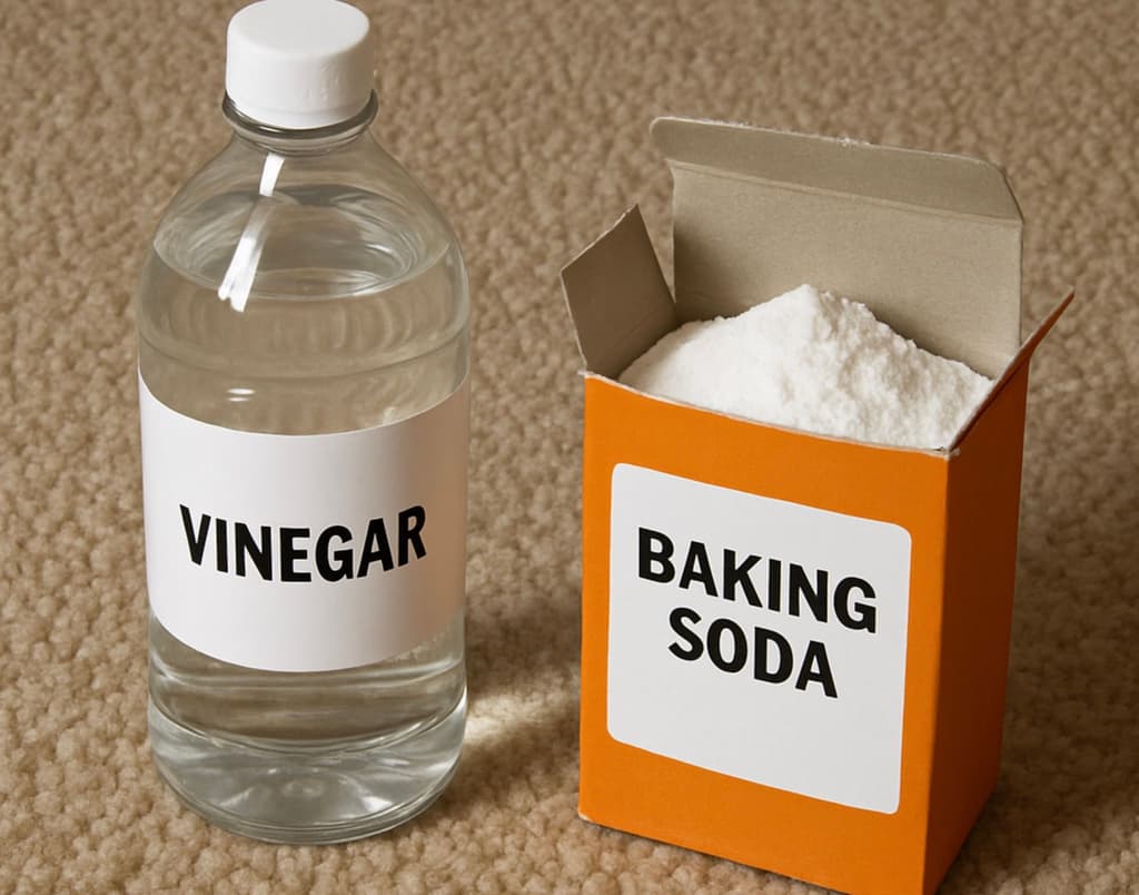 Natural carpet cleaning preparation using vinegar and baking soda before steam cleaning near me services for stain and odour removal.