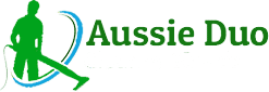 Aussie Duo Cleaning Service logo featuring a green silhouette of a cleaner with a vacuum, alongside the company name in green and white text.