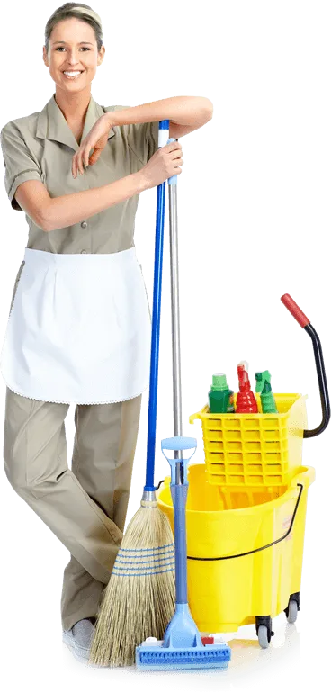 Smiling professional cleaner in uniform holding a mop with a yellow bucket and cleaning supplies, representing a top-notch cleaning company