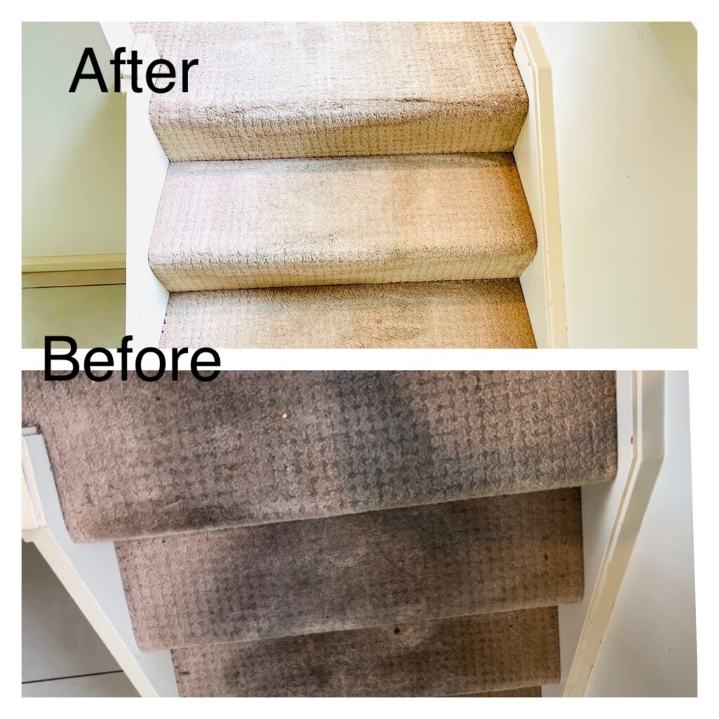 A before-and-after comparison of a staircase cleaned with professional carpet cleaning, showcasing the transformation by Aussie Duo Cleaning.