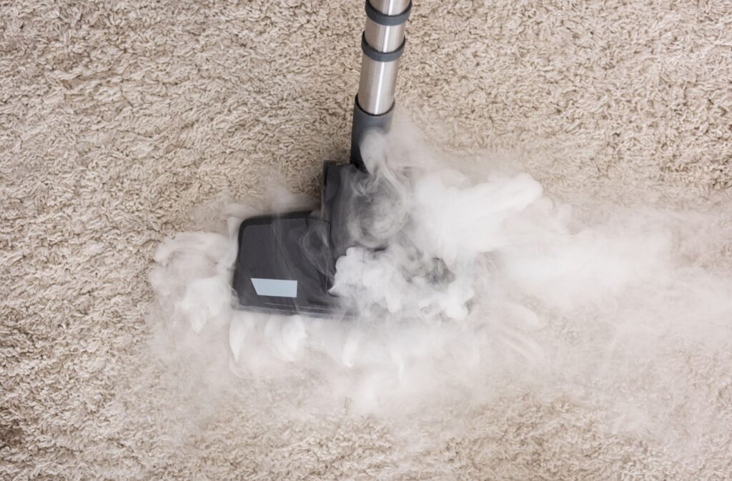 A steam cleaner in action on a beige carpet, emitting visible steam.