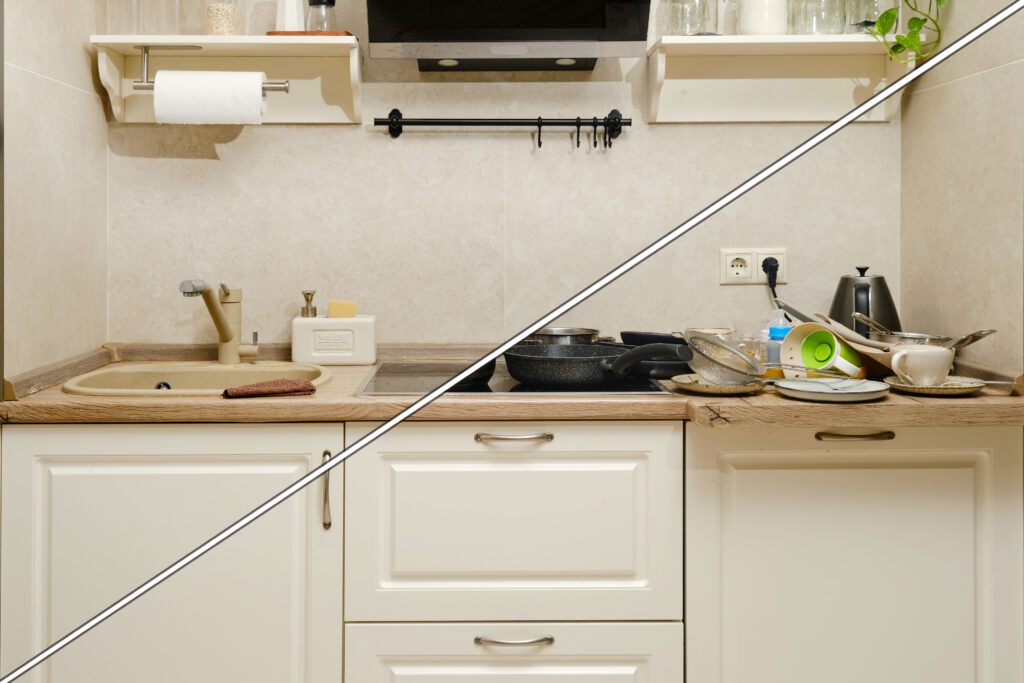 Kitchen before and after transformation with Comprehensive End of Lease Cleaning Services, showing a cluttered and messy kitchen cleaned to perfection.